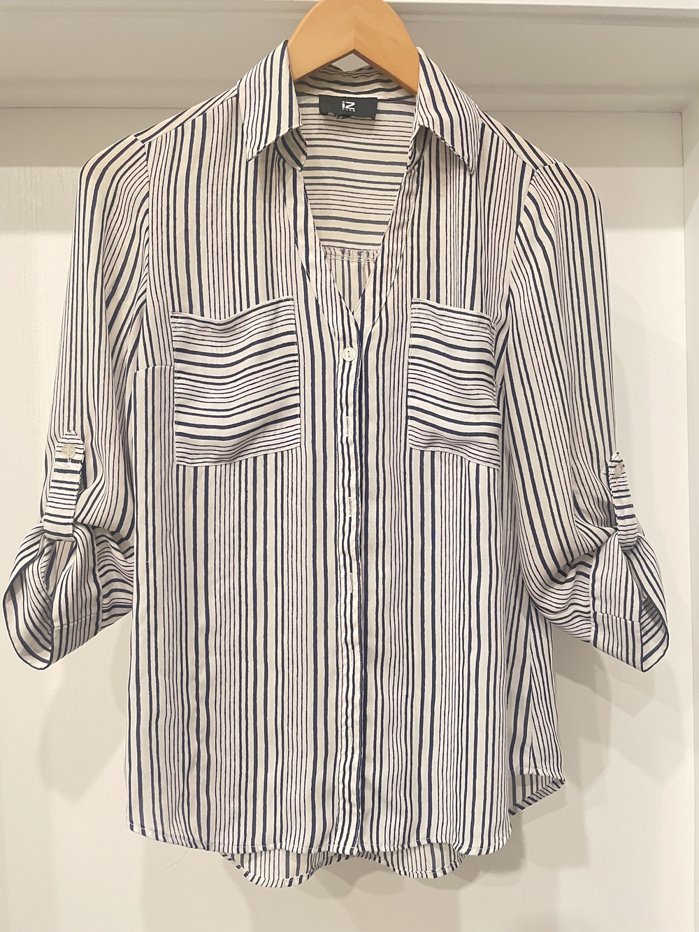 Iz Byer White and Navy Striped Button Shirt
